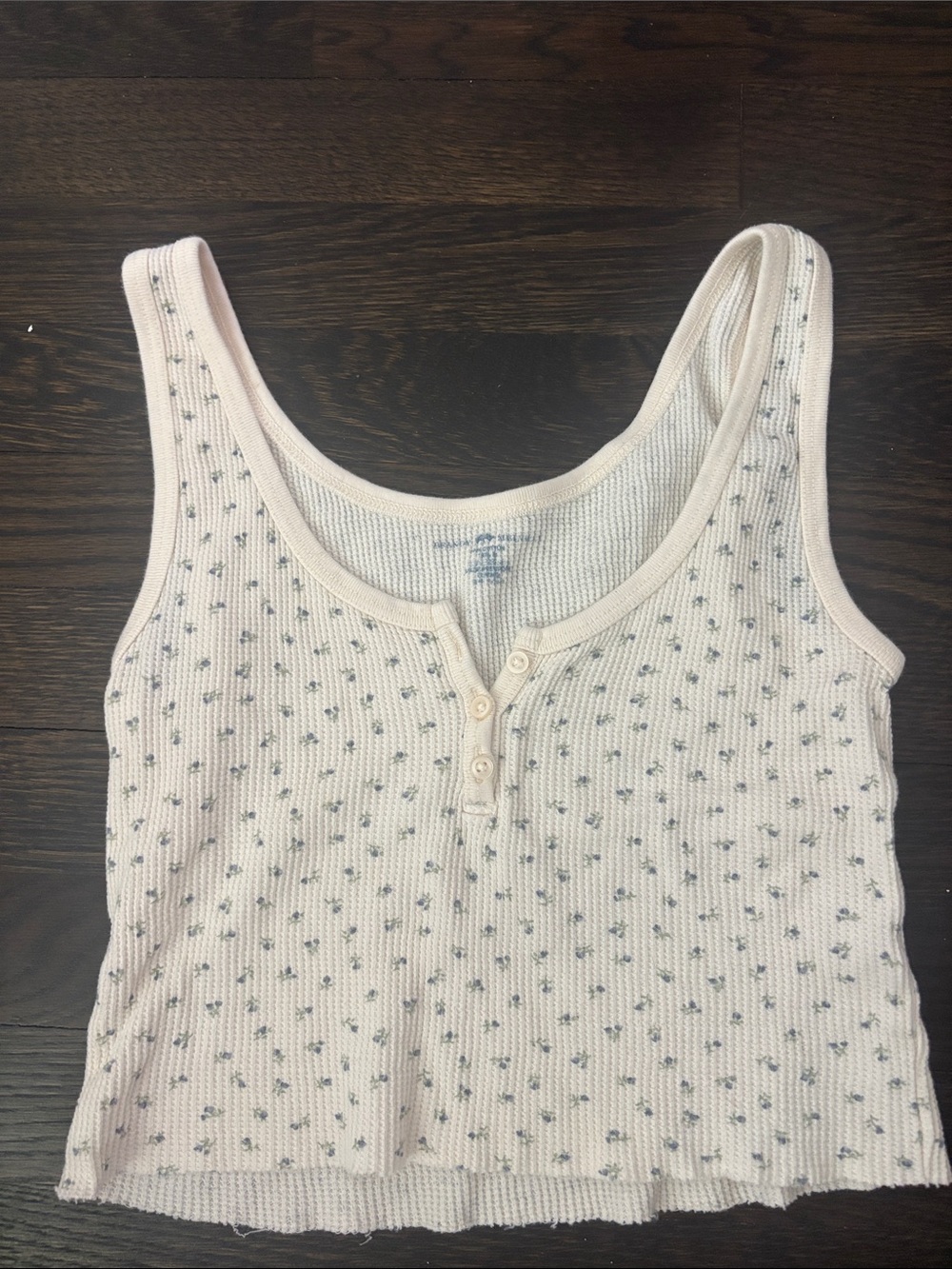 Brandy Melville Cream Ribbed Henley Tank with Mini Blue Floral Print